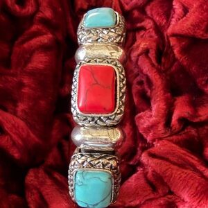 Turquoise & Red Stone Silver-Accent Women’s Bracelet